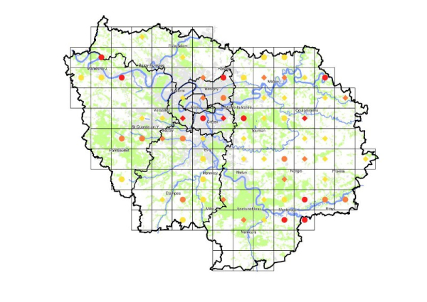 Carte de nidification de la Fauvette babillarde, Sylvia curruca en Île-de-France (issue de l’Atlas des oiseaux nicheurs d’Ile-de-France, 2009-2014). En rouge les nicheurs certains, en orange les nicheurs probables et en jaune les nicheurs possibles. Les cercles concentriques donnent une idée des effectifs nicheurs par maille du quadrillage : de 1 à 10 couples pour les petits cercles, des losanges lorsqu’il n’y a pas eu de dénombrement.